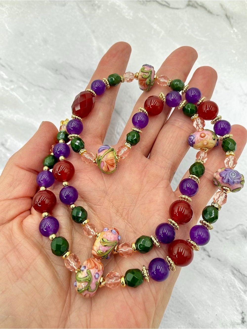 Artisan Handmade Amethyst Carnelian Lampwork Floral Necklace 20” Gold Floral Lux - Picture 10 of 17